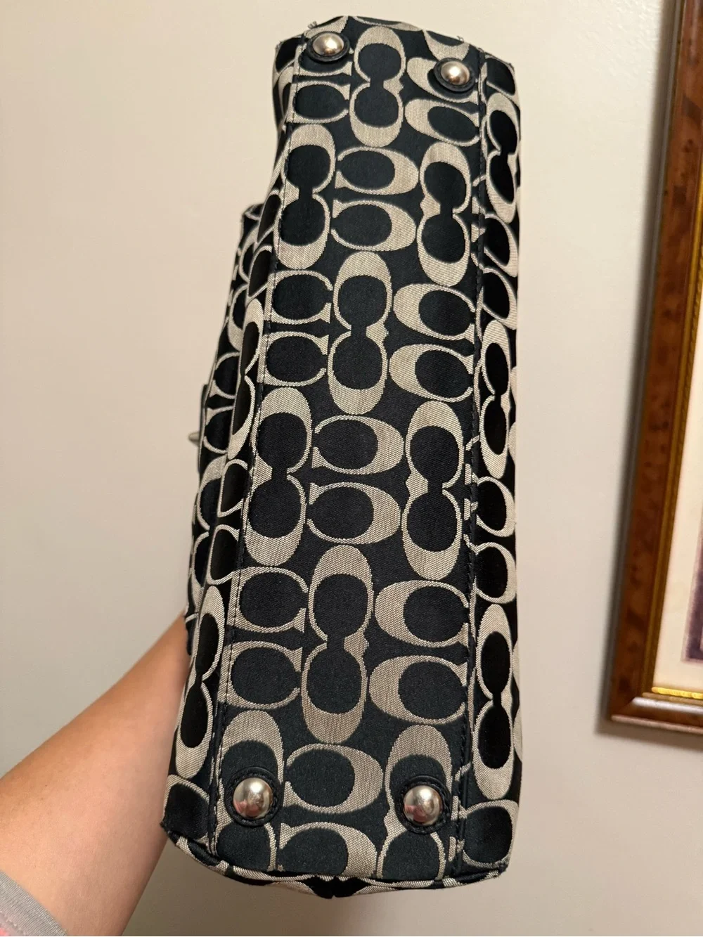 Coach Penelope Black grey Logo Shoulder Bag with Turn-Lock Front Pocket